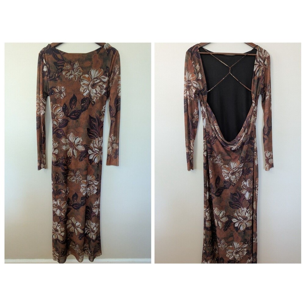 Zara Open Back Mesh Maxi Dress Large Floral Brown Sheer Long Sleeve Elegant Sexy